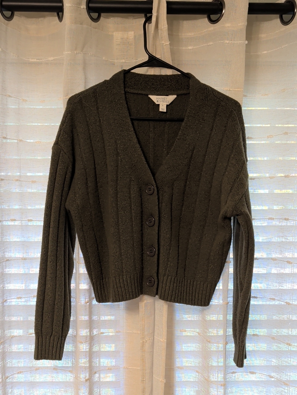 Market & Spruce Dark Olive Ribbed Button-Front Cropped Cardigan